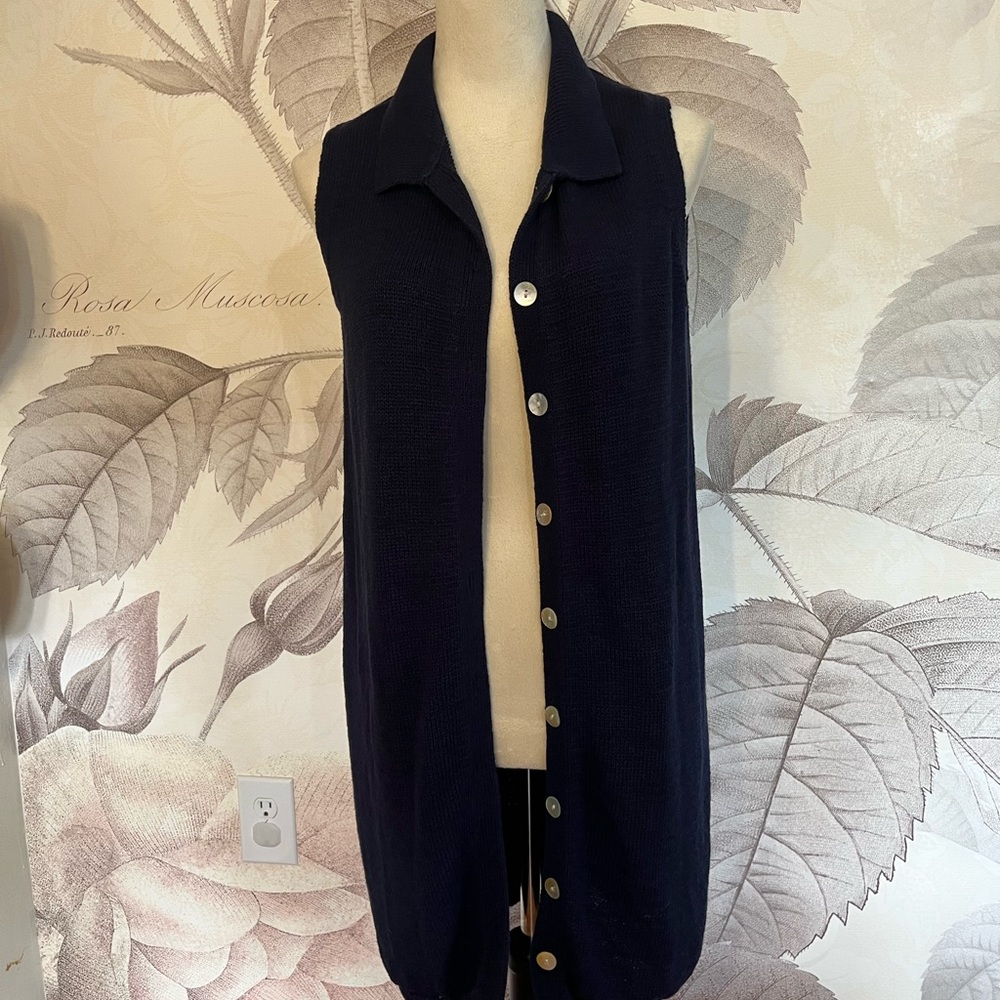 ANTHRO AND OTHER STORIES SWEATER VEST/DRESS NAVY SHELL BUTTONS SZ M LINEN BLEND